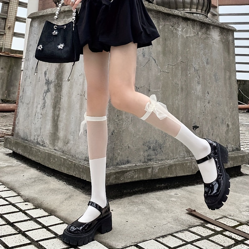 Mesh Stitching Calf Socks Ultra thin Bow Knee High Socks Women's Stockings