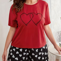 Women's Plus Heart Print Short Sleeve Tee & Shorts Pajamas Set