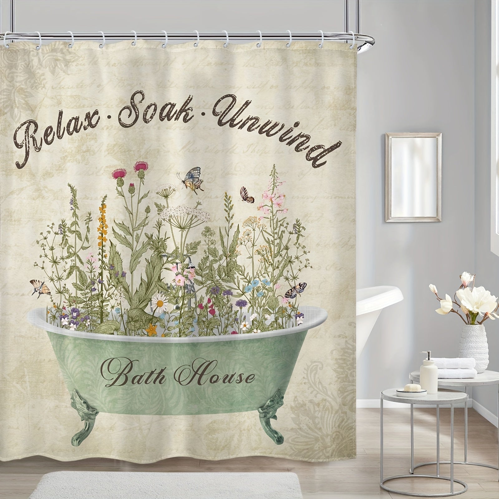 Retro Flower Pattern Shower Curtain 12 Hooks Waterproof Bath Decor