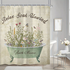 Retro Flower Pattern Shower Curtain 12 Hooks Waterproof Bath Decor