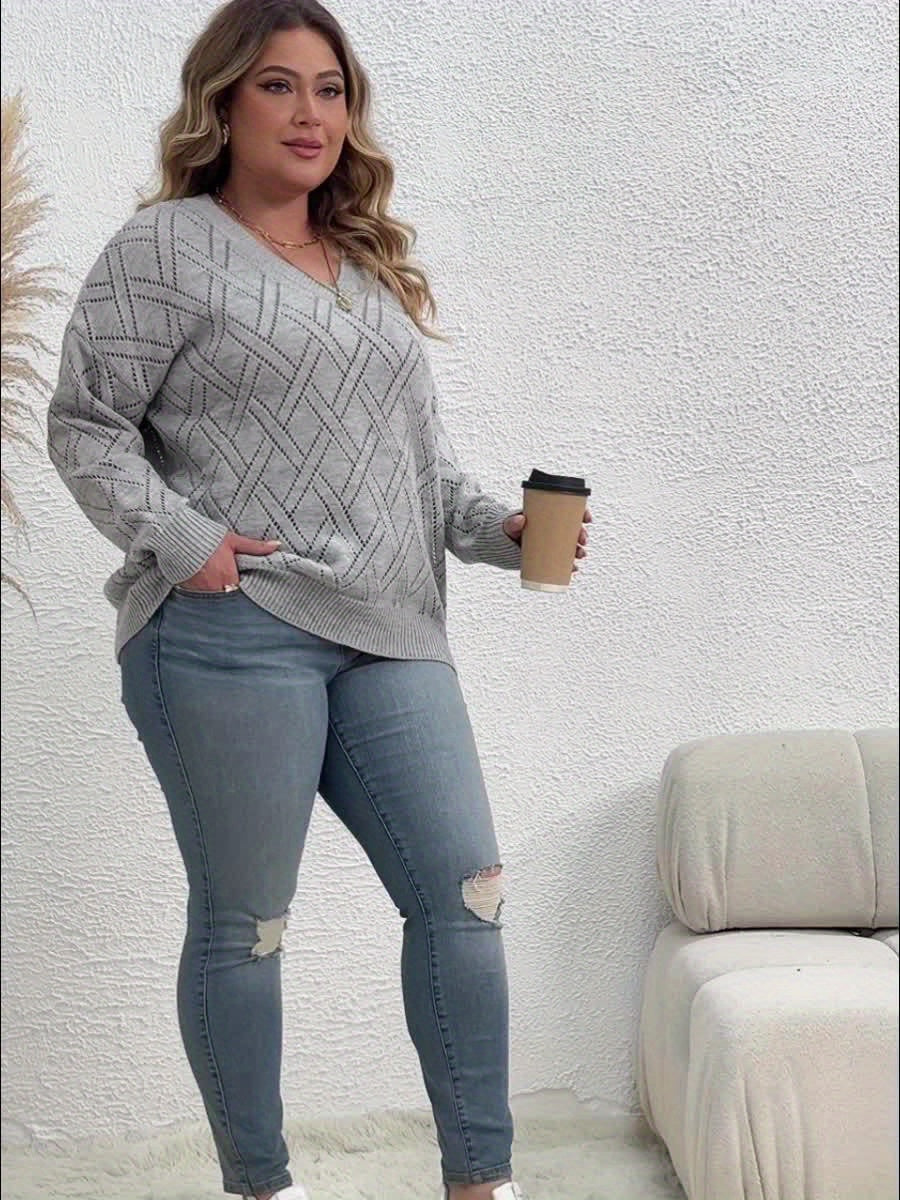 V Neck Solid Knit Long Sleeve Sweater