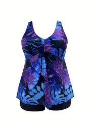 Women's Plus Tropical Tankini Set Lace Up V Neck Top & Shorts Swimsuit