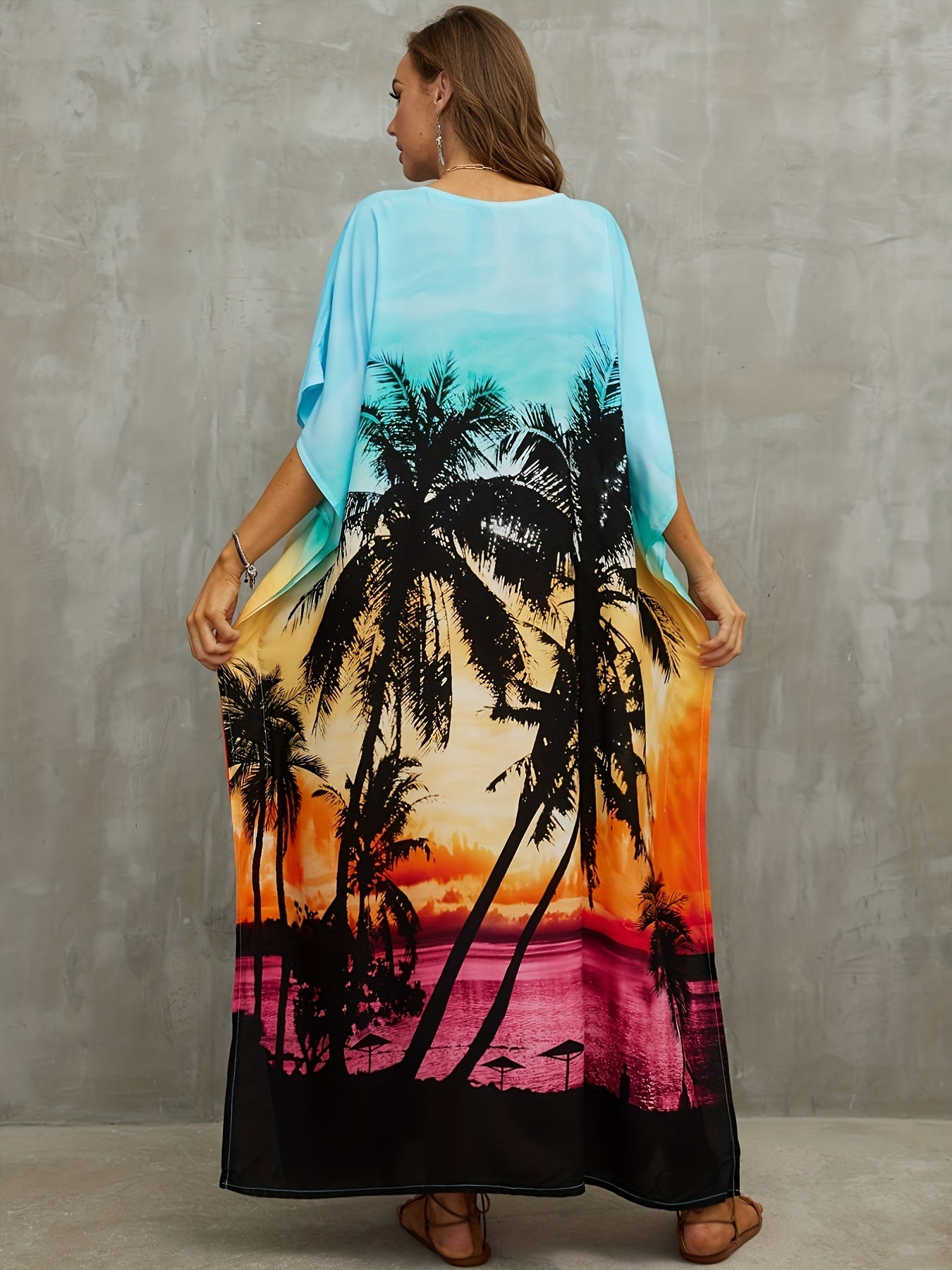 Beach Print Cover Up Dress V Neck Bat Sleeve