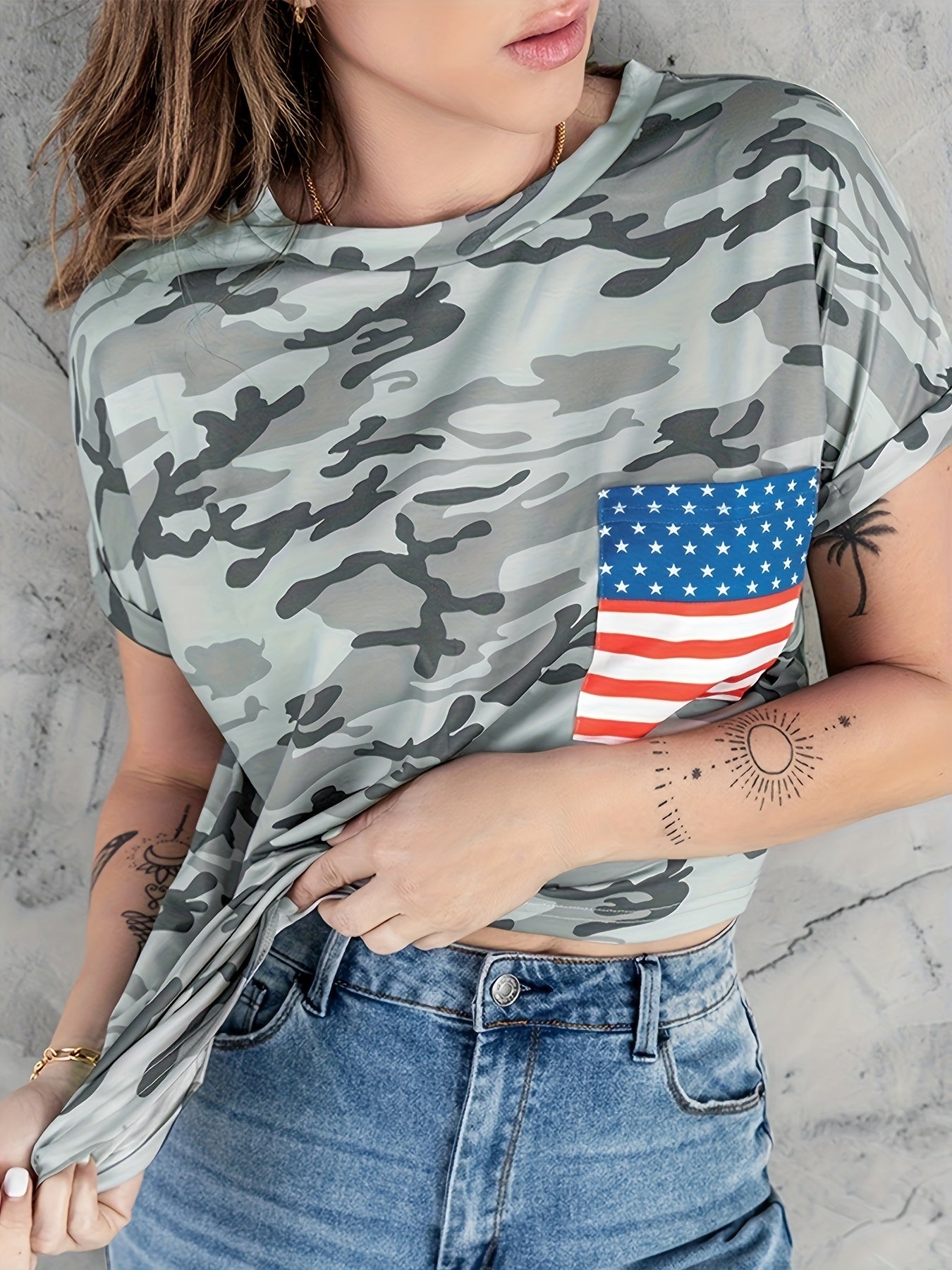 Camouflage Print Crew Neck T shirts With American Flag T shirts