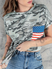 Camouflage Print Crew Neck T shirts With American Flag T shirts