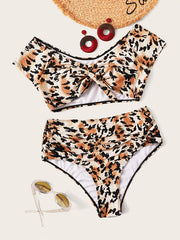 Leopard Print Bow Front Bikini Set Plus Size High Stretch Boho Swimsuit
