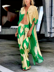 Floral Loose Fit Two Piece Set V Neck Beachwear Cover Up Pant
