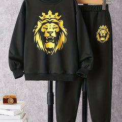 Boy's Lion Crown Pattern 2pcs Sweatshirt & Sweatpants Set