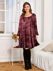 Women's Plus Tie Dye Long Sleeve Round Neck Loose Fit Mini Dress