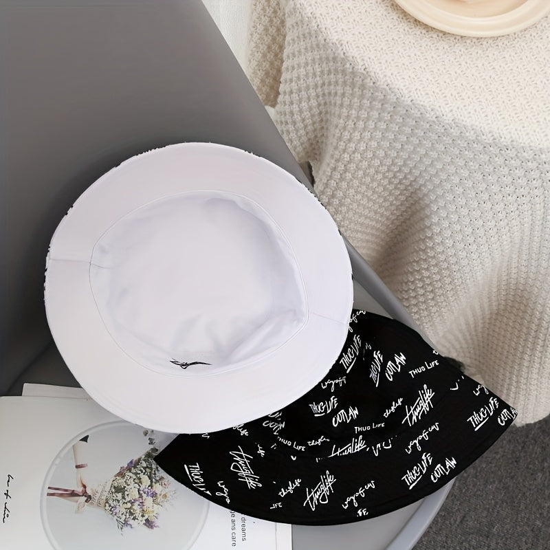 Unisex Sunshade Bucket Hat With Letter Embroidery Double sided Sun Hat