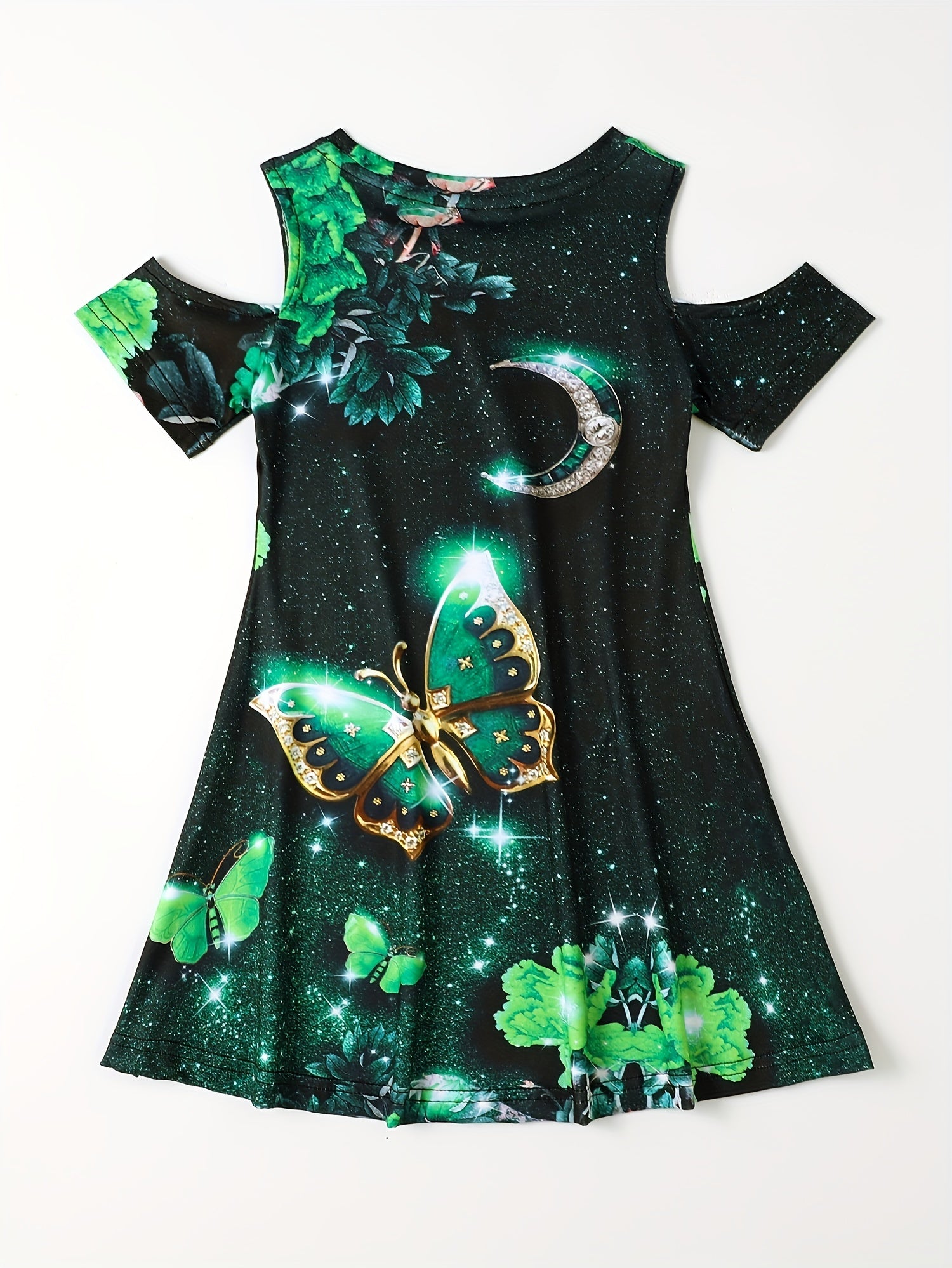 Girls 3D Butterfly Cold Shoulder Dress Summer Party Gift