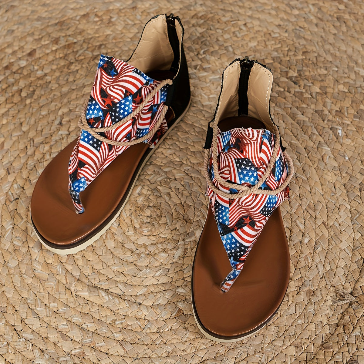 Women's Flag Pattern Thong Sandals Zipper Back Open Toe Vacation Beach