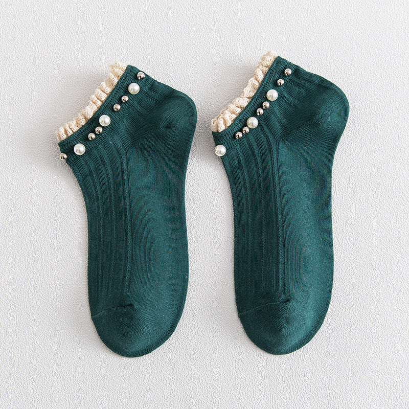 5 Pairs Women's Pearl Lace Stretch Casual Socks