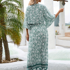 Floral Print Vacation 2pc Set Tie Front V Neck Tops & Split Thigh Maxi Skirts
