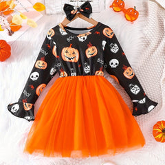 Halloween Tutu Dress For Little Girls Pumpkin Ghost Long Sleeve Party Outfit