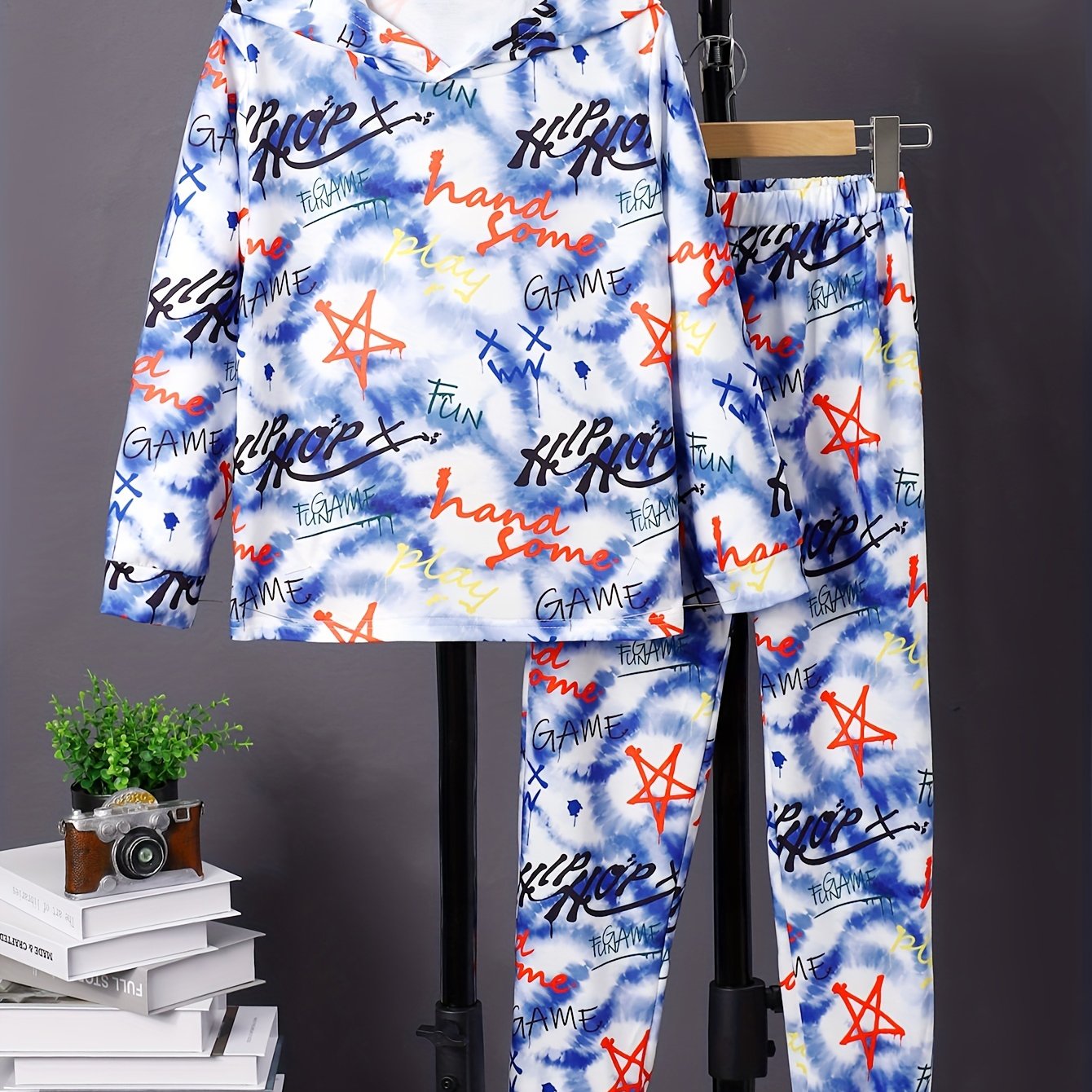 Graffiti Pattern Boy's 2pcs Hoodie & Sweatpants Set Tie Dye Casual Outfits