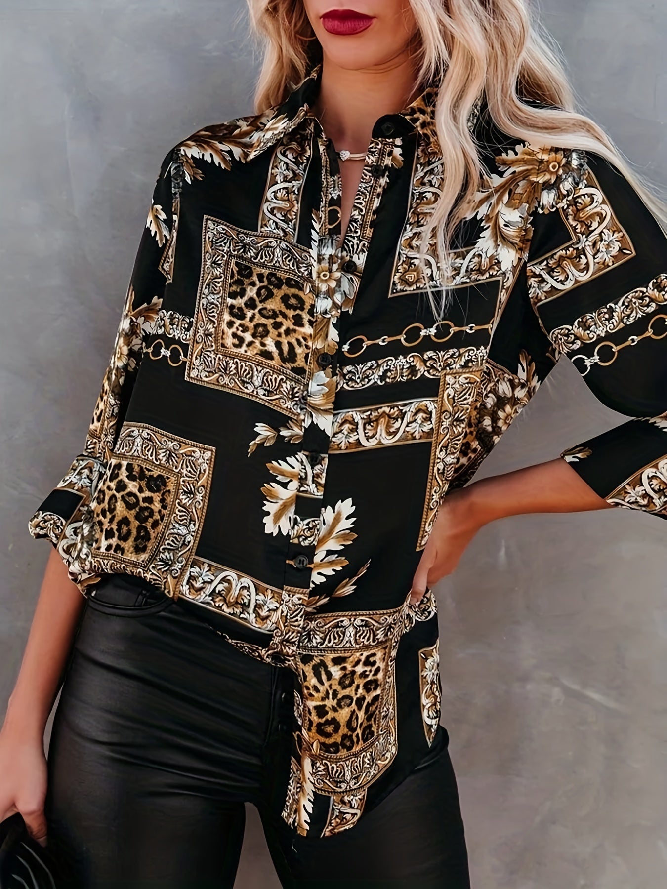 Retro Blouse Women's Leopard & Chain Print Button Up Shirt