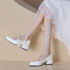Women's Chain & Pearl Decor Strap Pumps Chunky Heel Shoes