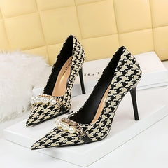 Women's Houndstooth Pointed Toe High Heels Stiletto Heels