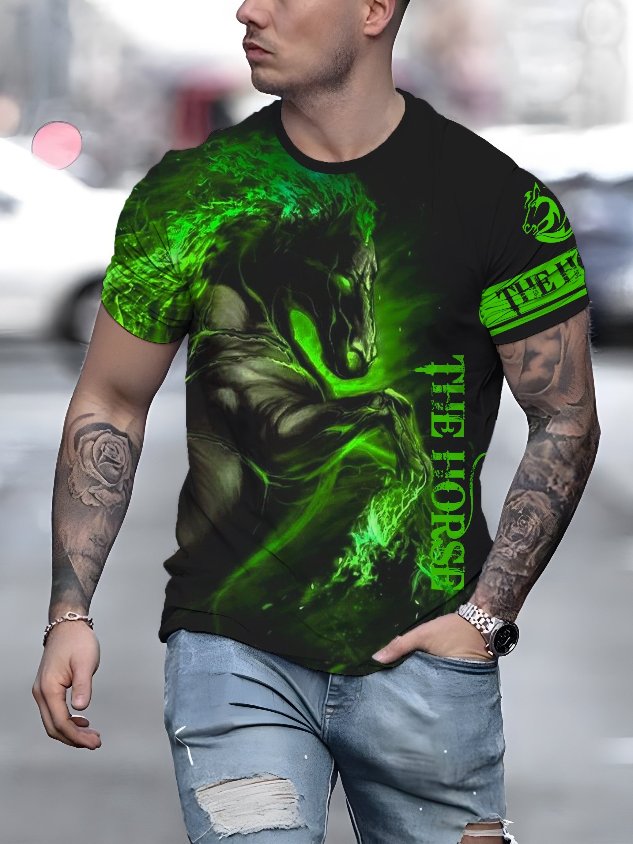 3D Horse Print Tee Men's Street Style Stretch Round Neck T-shirt