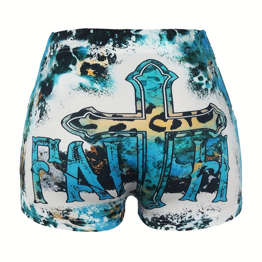 Cross Art Letter Print Tie Dye High Rise Shorts