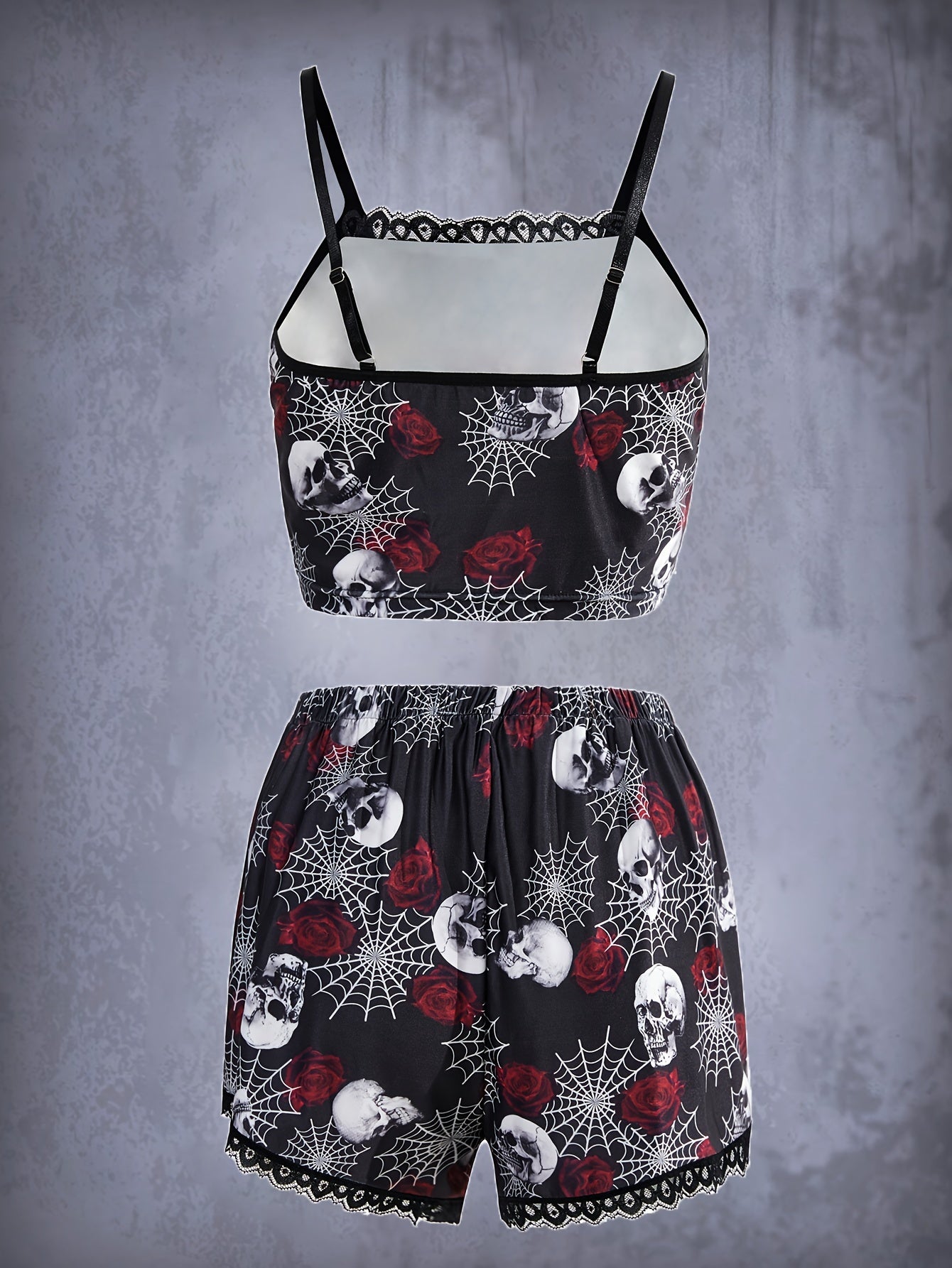 Skull Print Pajama Set with Lace Trim
