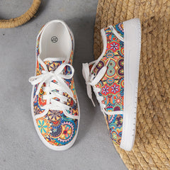Women's Colorful Print Canvas Sneakers Lace Up Low Top Flat Shoes