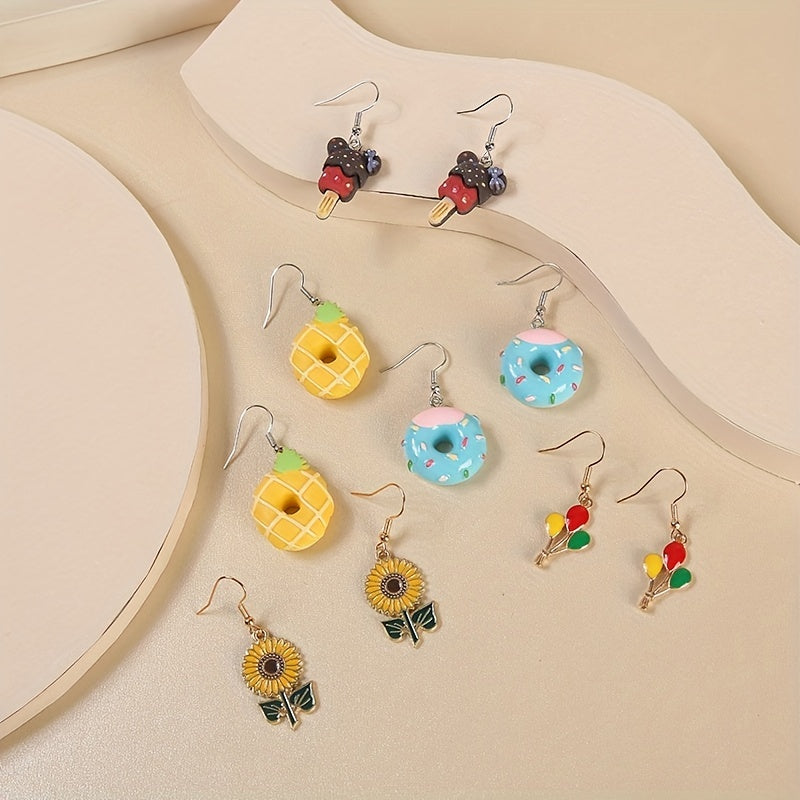 5 Pairs Cartoon Flower Donut Dangling Earrings Set For Kids