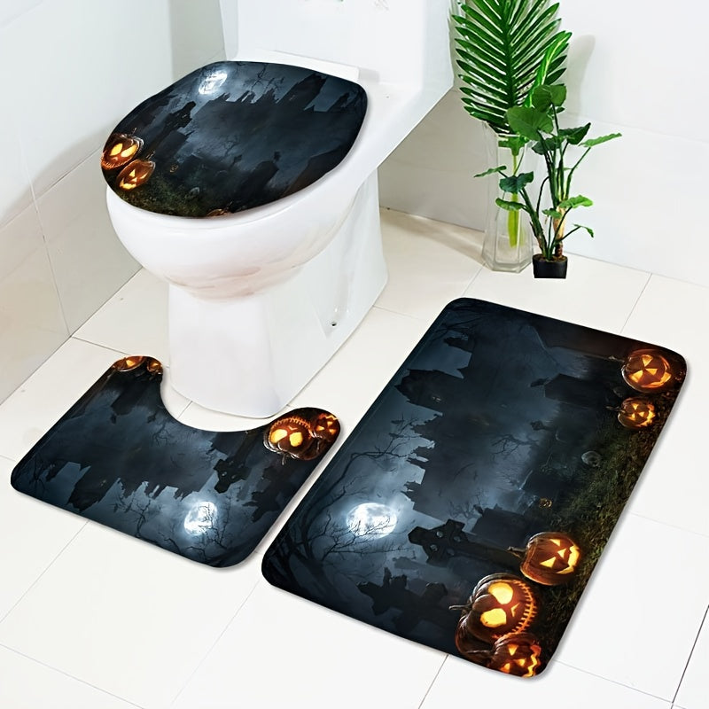 3pcs Halloween Pumpkin Mat Set Non Slip Bathroom Toilet Rug U Shape Mat