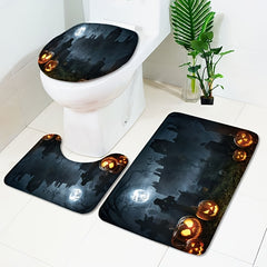 3pcs Halloween Pumpkin Mat Set Non Slip Bathroom Toilet Rug U Shape Mat