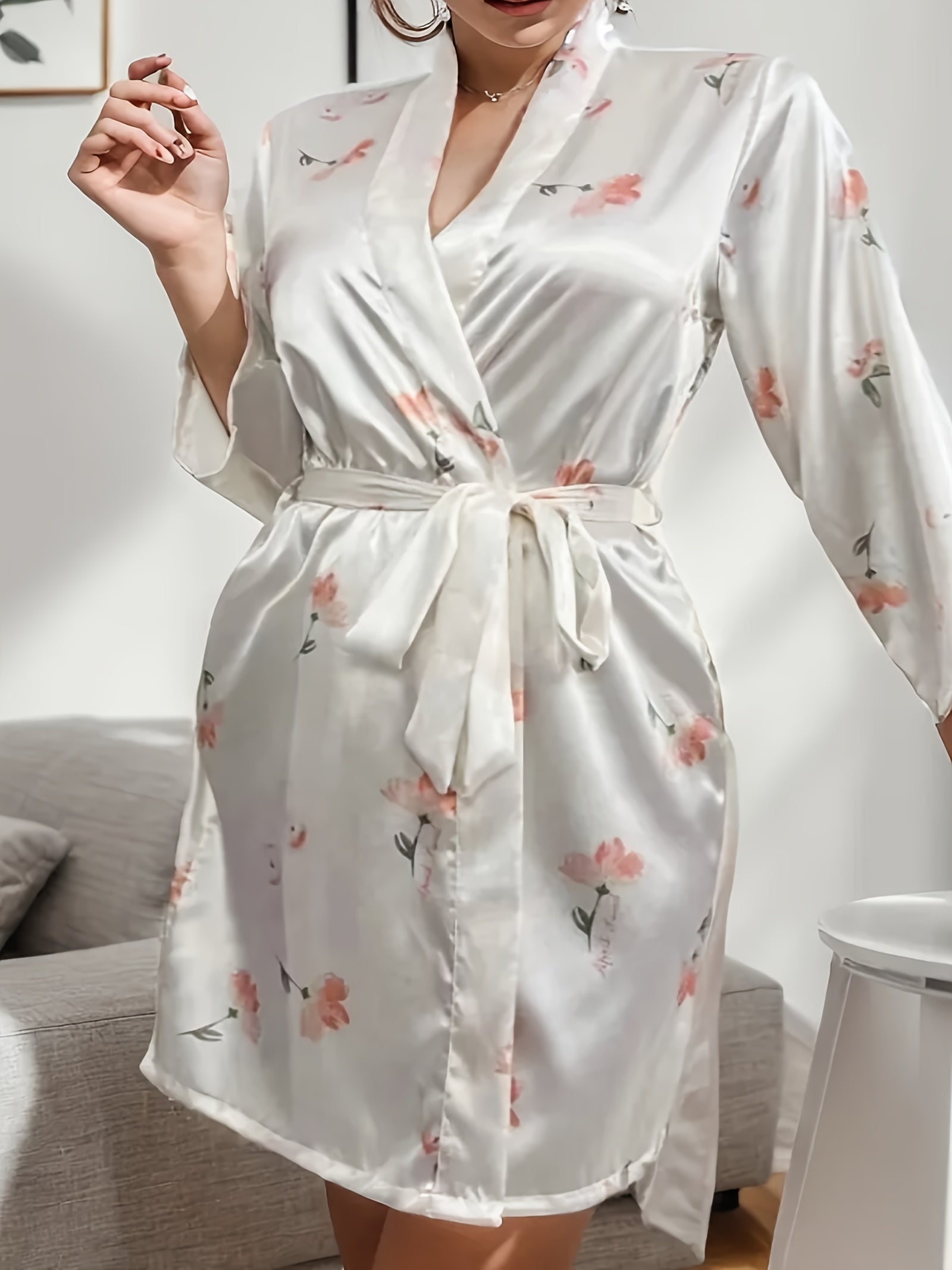 Floral Print Long Sleeve Home Robe Women's Loungewear