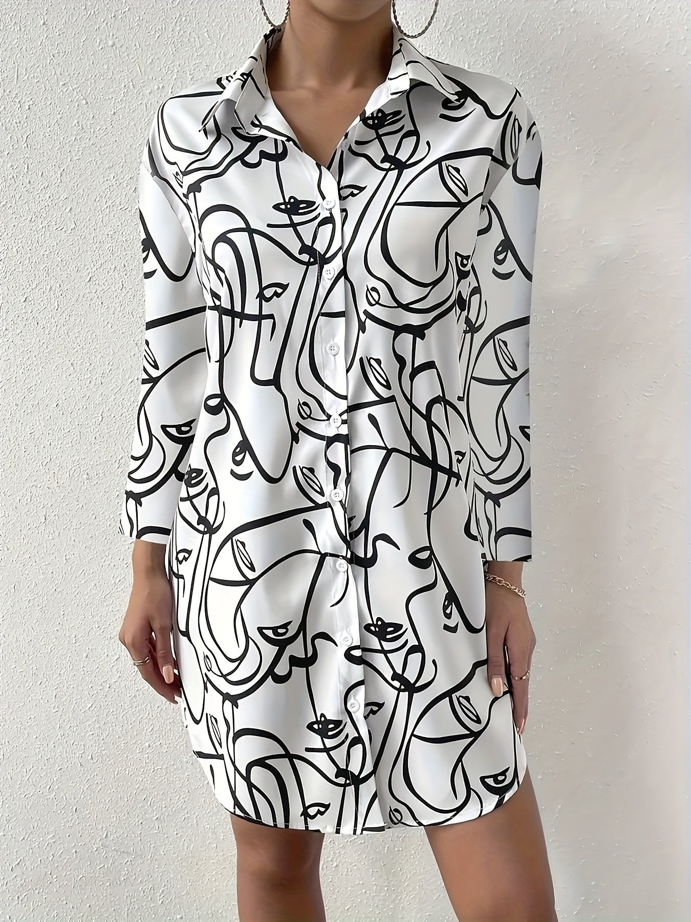 Abstract Face Print Long Sleeve Button Up Tunic Shirt