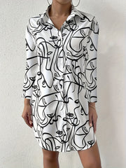 Abstract Face Print Long Sleeve Button Up Tunic Shirt