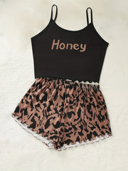 Leopard Print Pajama Set Crew Neck Cami Top & Shorts