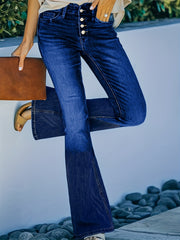 High Waist Flared Jeans Single Breasted Button Bell Bottom Slight Stretch Denim