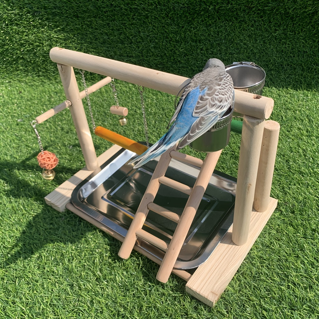 Wooden Bird Training Station with Feeding Game Swing Stairs