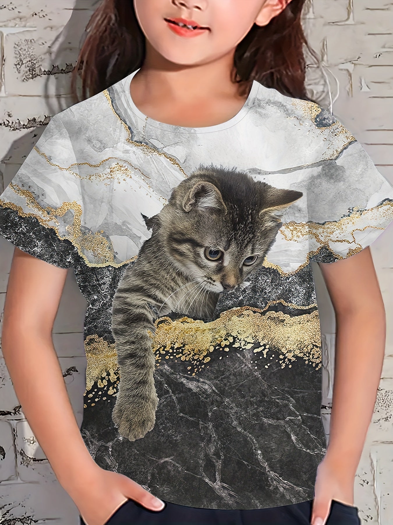 Adorable Kitty Graphic Crew Neck T shirt Girls Comfy Tees
