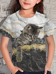 Adorable Kitty Graphic Crew Neck T shirt Girls Comfy Tees