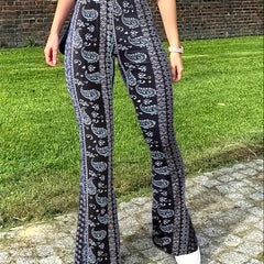 Paisley Print Slim Stretchy Waist Pants Sexy Flare Pants