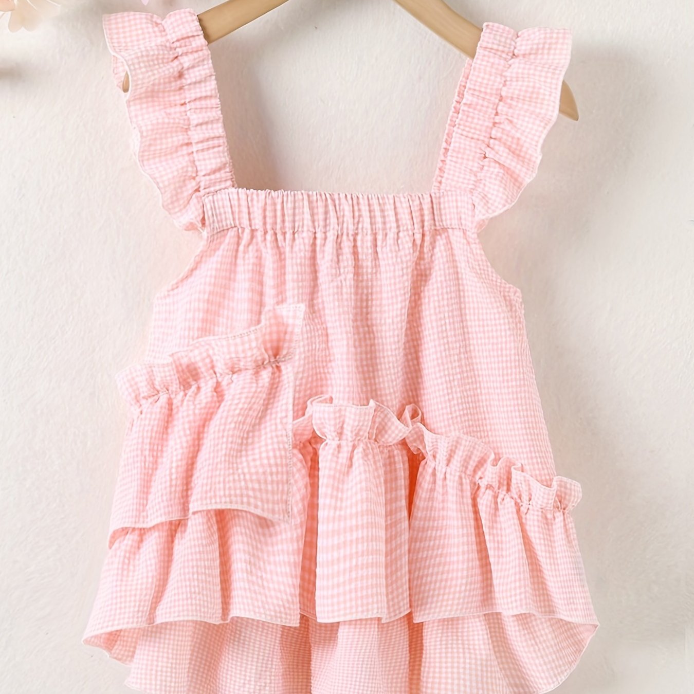 Girls Plaid Print Ruffle Strappy Sleeveless Blouse for Summer