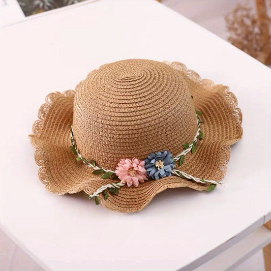 Kids' Straw Sun Hat & Bag Set Floral Lace Trim Beach Hat Summer Outdoor Hat