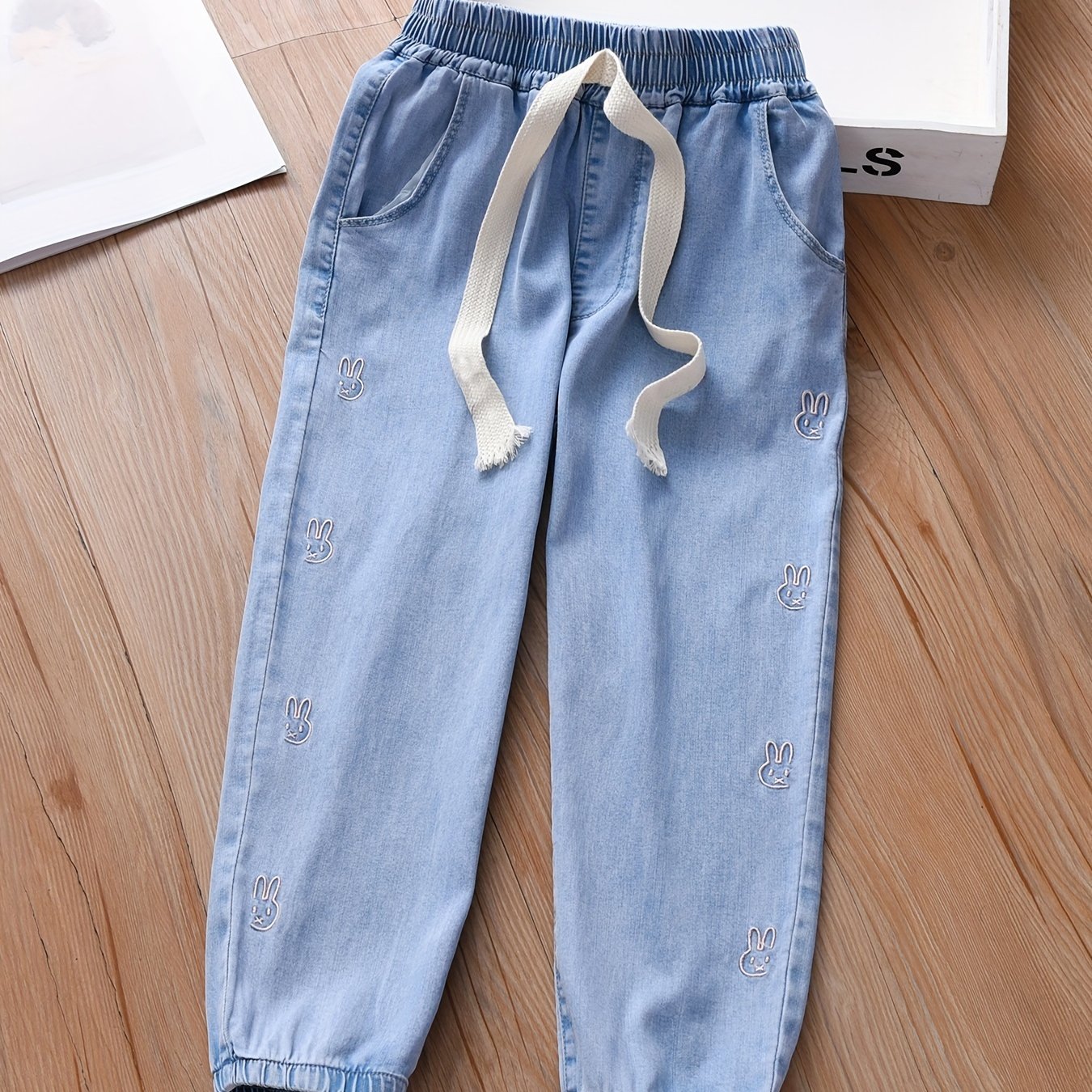 Girl's Embroidered Jeans, Elastic Waist Trousers