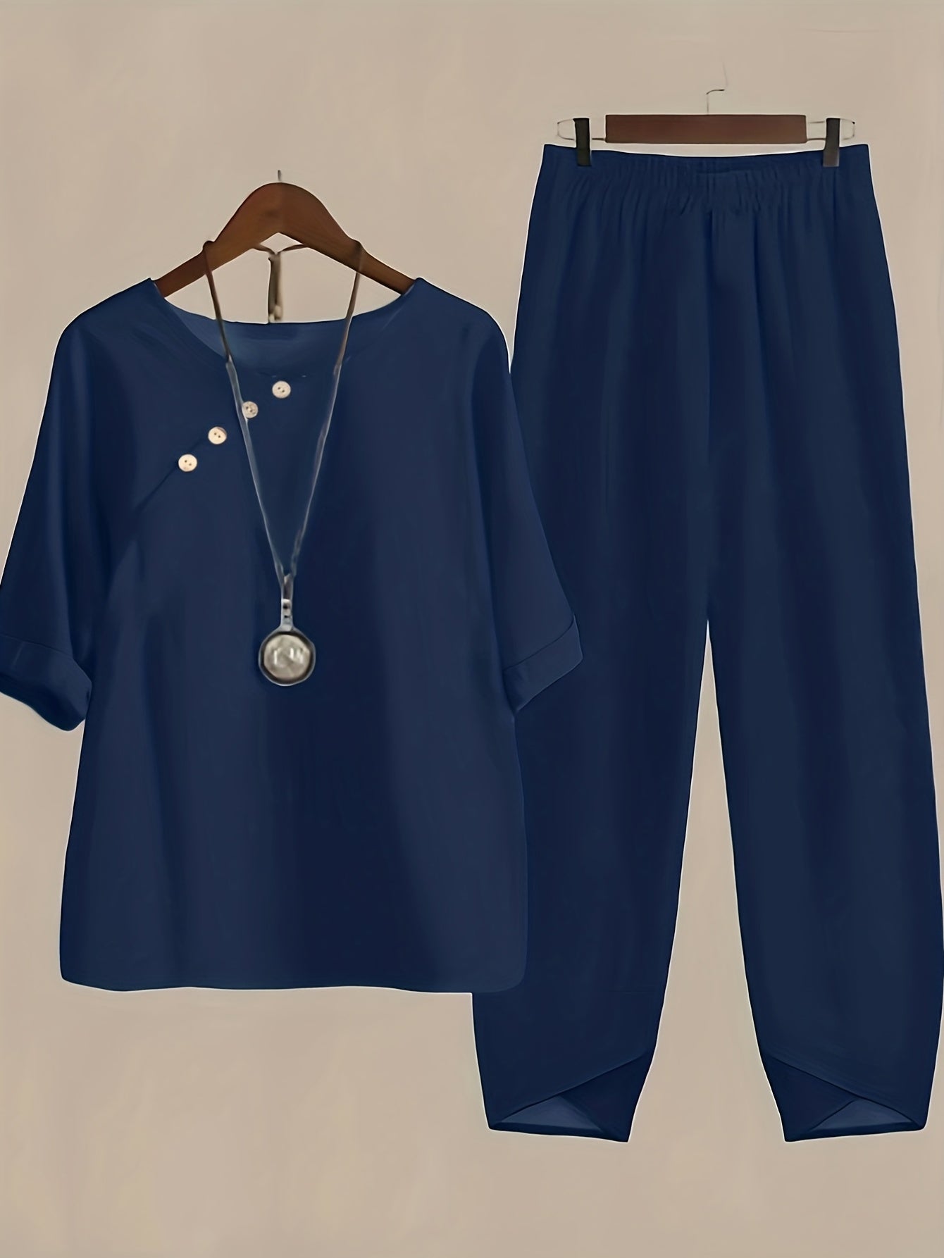 Casual Two piece Set Crew Neck Half Sleeve Tops & Elastic Waist Pants