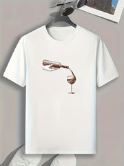 Wine & Cup Print Men's Comfy T shirt Active Breathable Tee