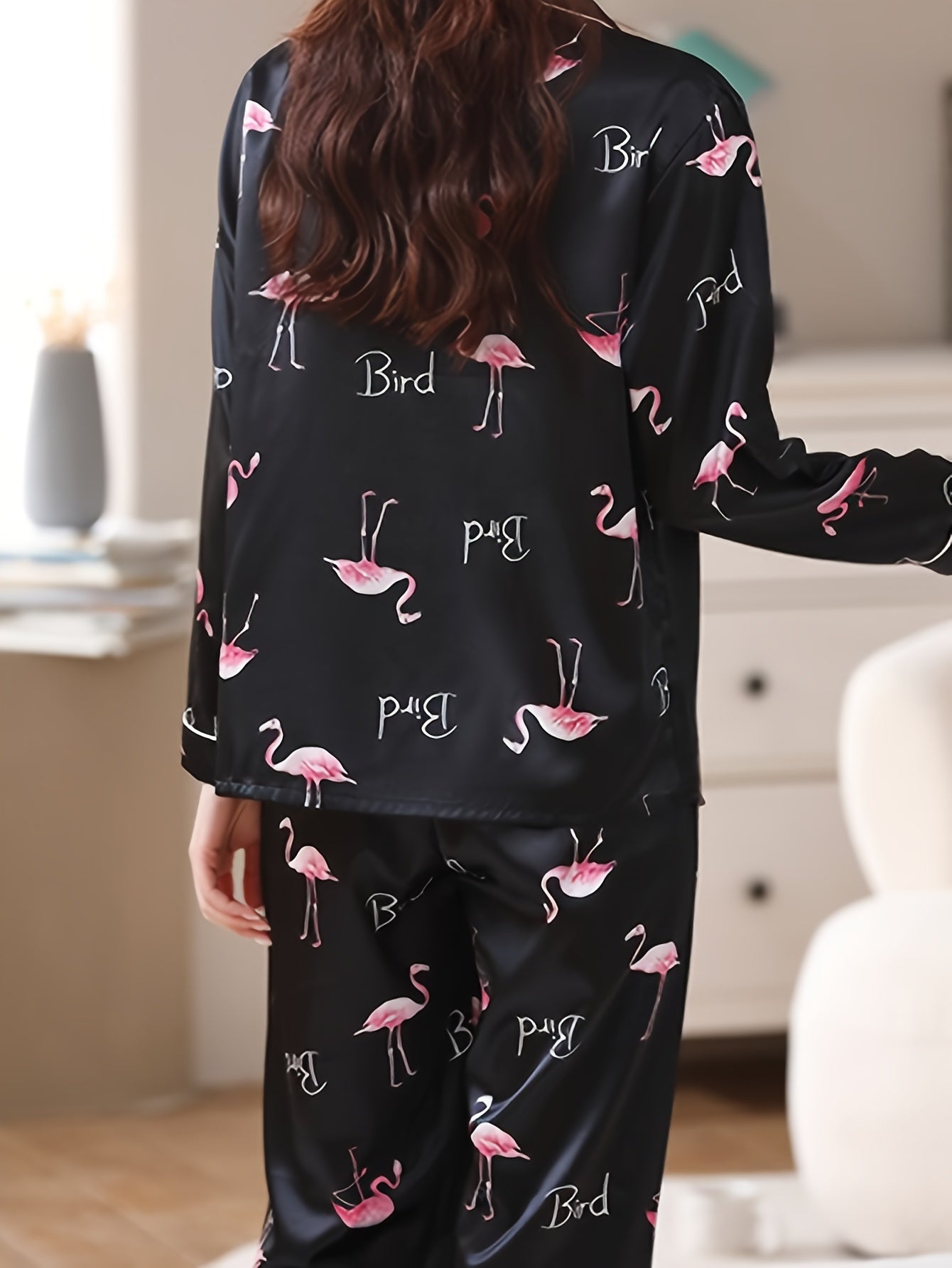 Flamingo Print Satin Pajama Set for Women