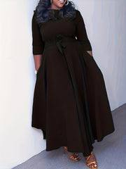 Solid Half Sleeve Round Neck Dress with Belt