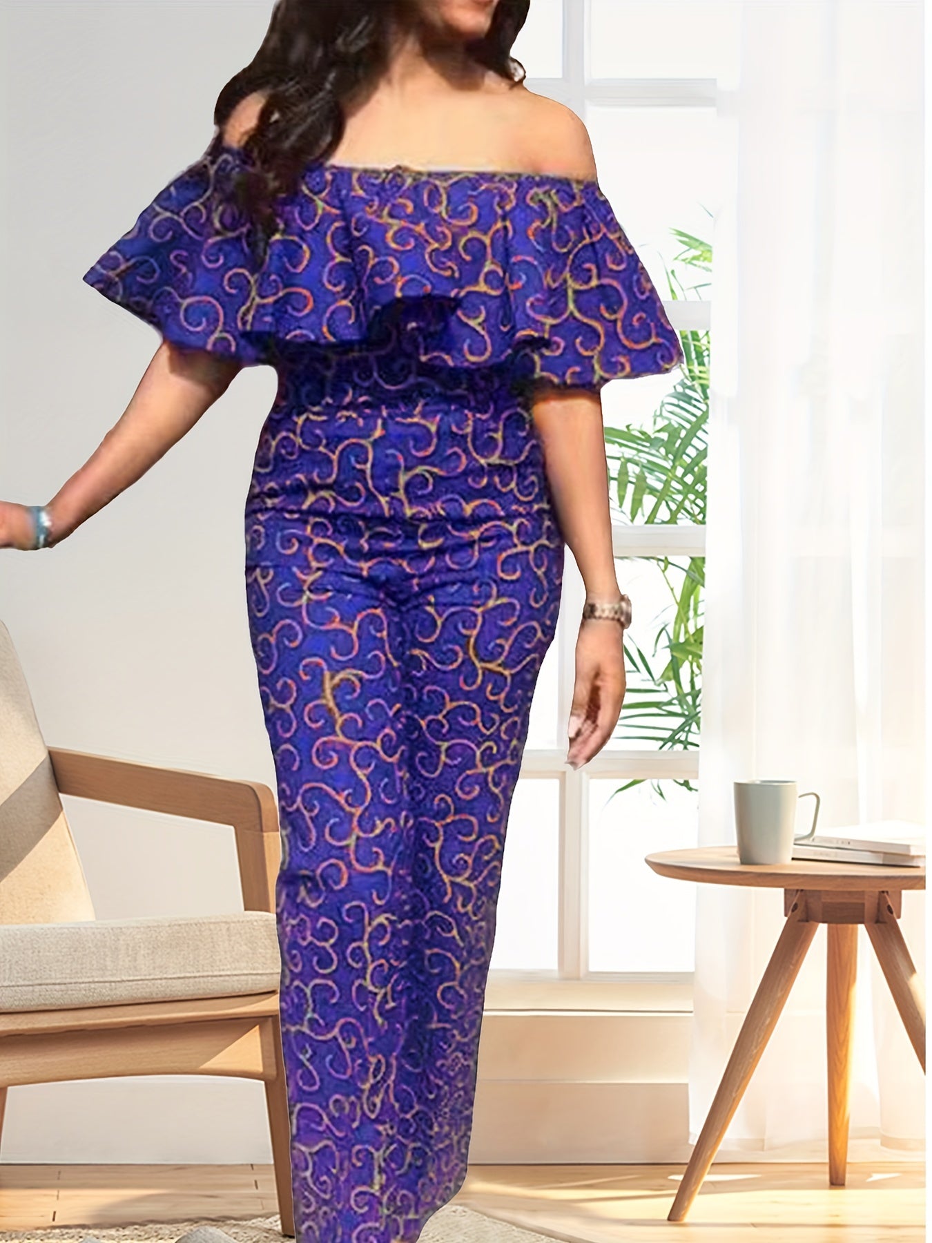 Off Shoulder Ruffle Trim Jumpsuit for Women