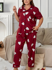 Strawberry Print Pajama Set Short Sleeve Button Up Shirt & Pants