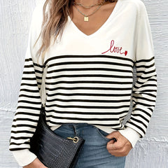 Striped V Neck Pullover Sweater Long Sleeve Casual Spring Fall