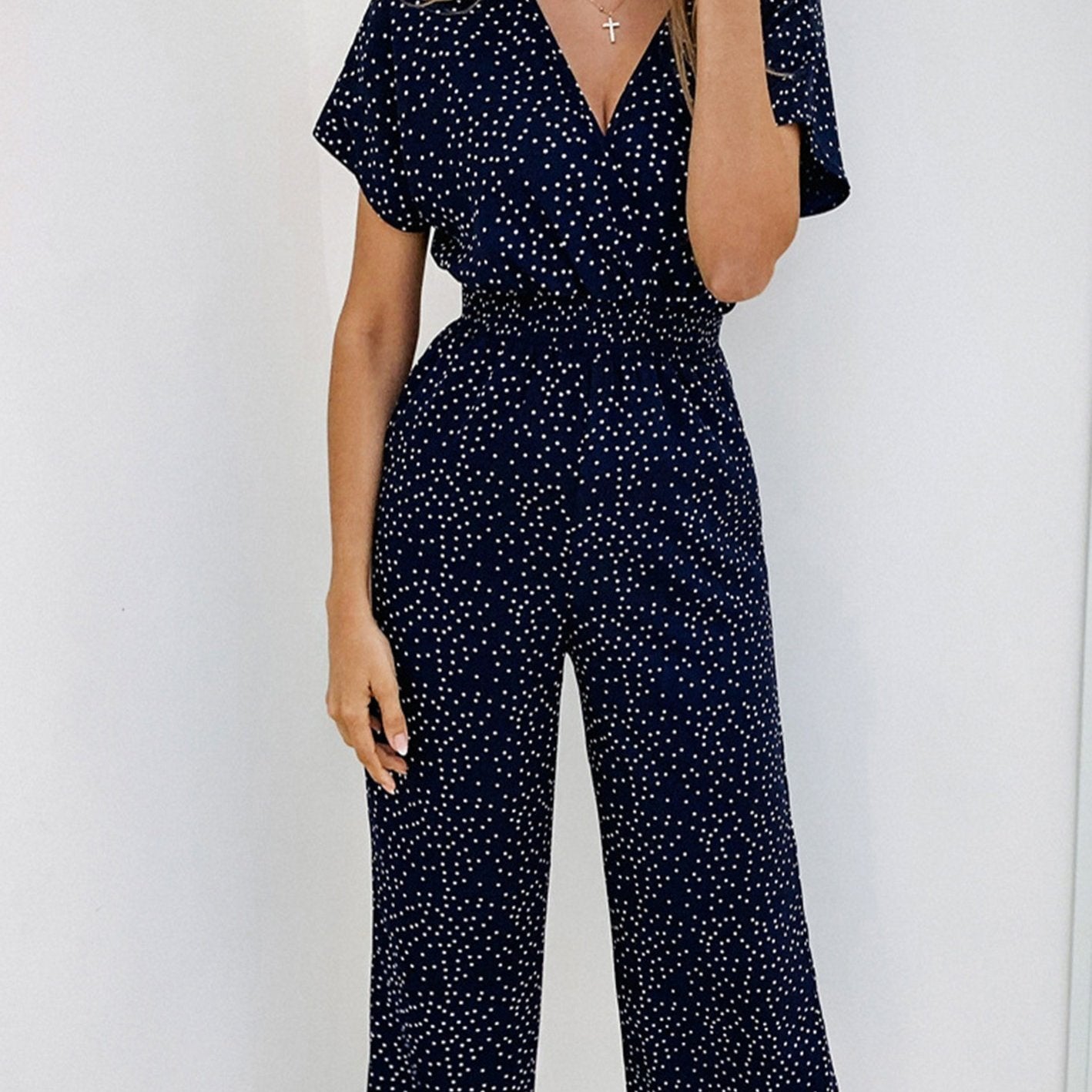 Polka Dot Jumpsuit Short Sleeve V Neck Wide Leg